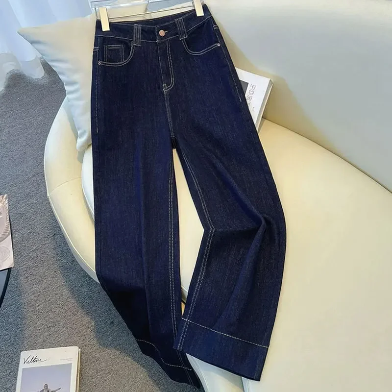 Pantaloni da donna Tasche con chiusura a cerniera con bottoni da donna Pantaloni da donna comodi Jeans casual a gamba larga a vita alta in denim blu navy alla moda