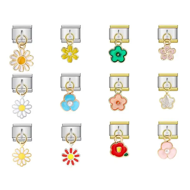 URING Eleganter Gänseblümchen-Rosen-Blume, süßer Y2k-Anhänger, italienische Charms, Links, passend für 9 mm Edelstahl-Armbänder, DIY-Schmuck, Geschenk – Detail 1