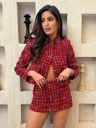 HH Women Fashion Red Texture Skirt Sets Single Breasted Lapel Jacket Coat Side Zipper Shorts Skirts High Street Lady Outfit