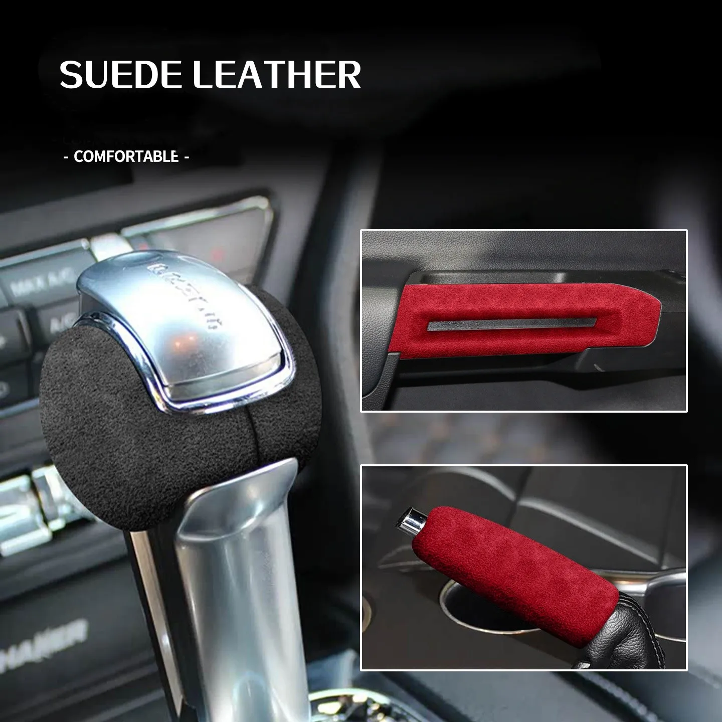 Suede Gear Shioft Knob Shifter Interior Door Handle Cover Hand Brake Trim Decal Sticker for Ford Mustang 2015-2019