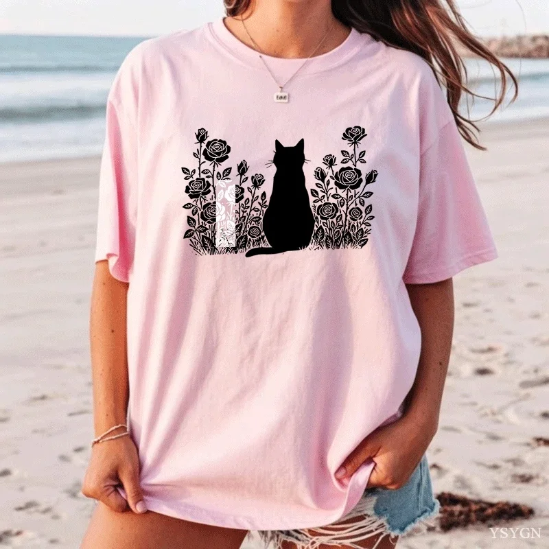 Vintage Comfort Y2k Cat T Shirt Women Ladies Cute Kitten Tee Pressed Flowers Tshirt CasuaShort Sleeve Round Neck Tee Tops