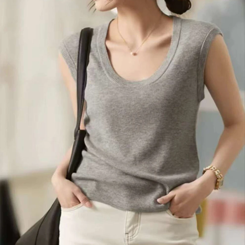 Sleeveless knitted Vest for Women, High-quality Wool, Summer New U-neck French Lazy Style Thin Casual Temperament Versatile Tank