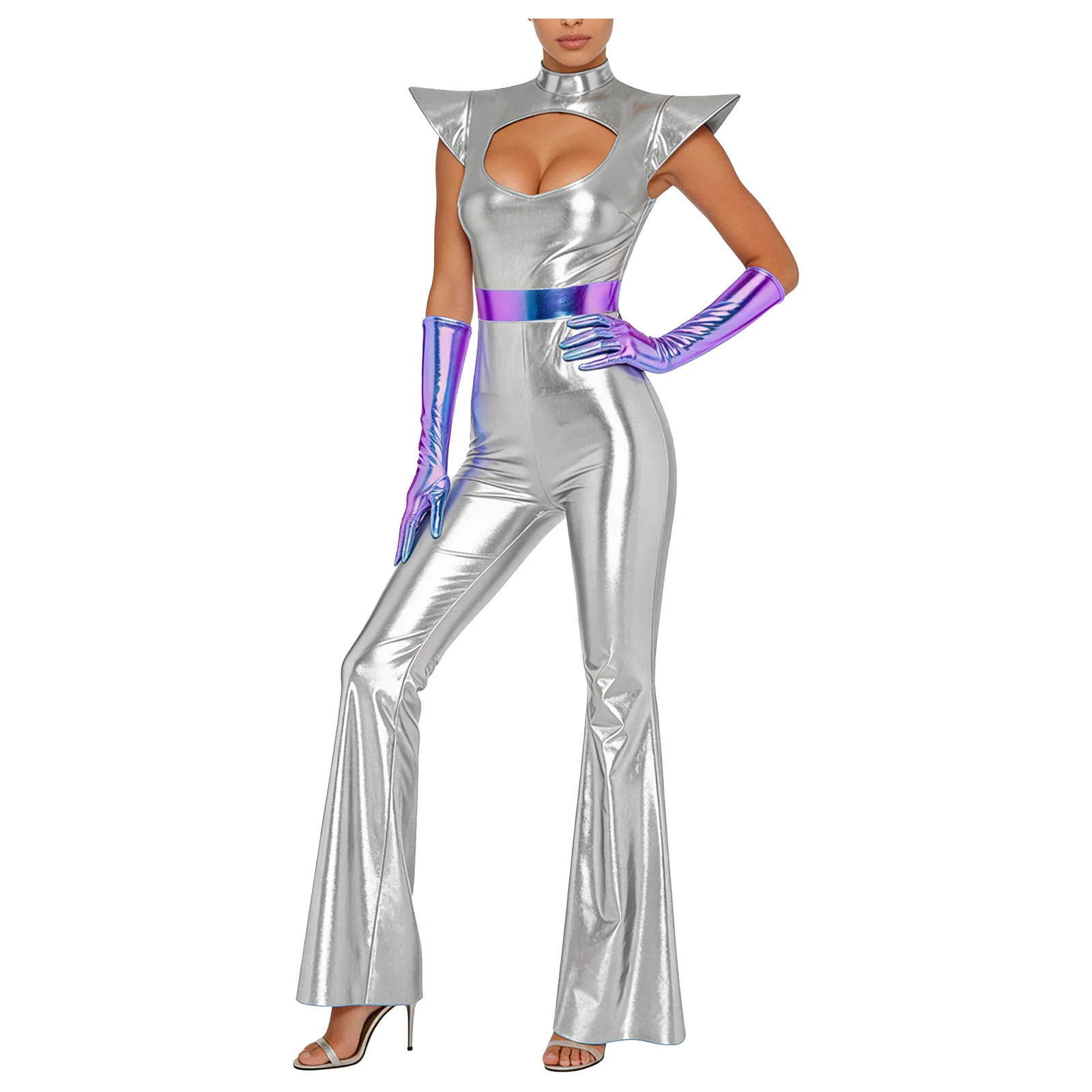 

Women Alien Cosplay Jumpsuit Robot Astronaut Space Cadet Costume Metallic Shiny Bodysuit with Gloves for Theme Party Halloween