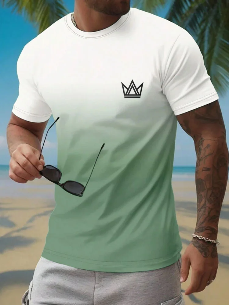 Summer Men's Gradient 3D Print Crown Short Sleeve Top Outdoor Men's T-Shirt Street Fashion Crew Neck Tees Quick Drying Gym Top