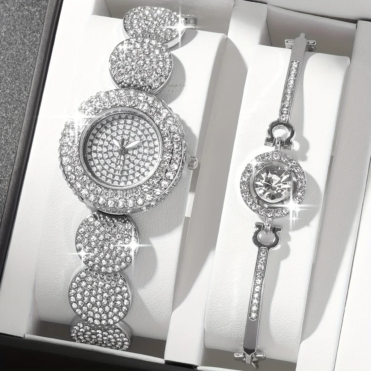 2pcs/set Starry Sky Steel Belt Women's Watch Fashion Full Diamond Surface Water Diamond Quartz Bracelet Watch Women