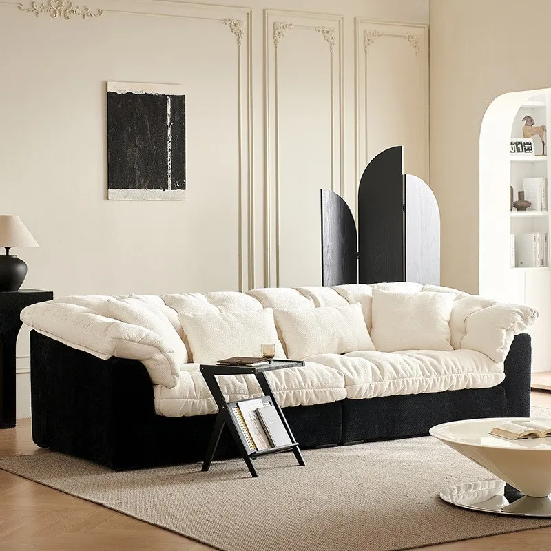 Light luxury family camellia sofa living room wind straight row black and white color matching