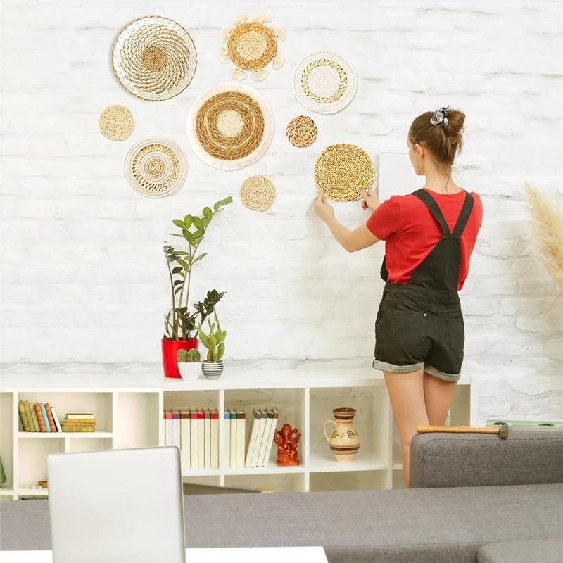 

【Price-Drop!】Hanging Boho Wall Decor, 9 Pack Boho Wall Basket Set, Woven Wall Basket Decor, Seagrass Rattan Wicker