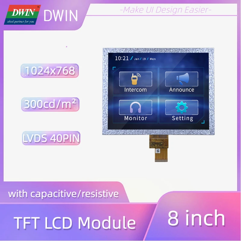 DWIN 8 Inch LVDS 40PIN 1024x768 Full View Angle IPS TFT LCD Module 300nit Capacitive Resistive Touch Panel LI10768T080IA3098