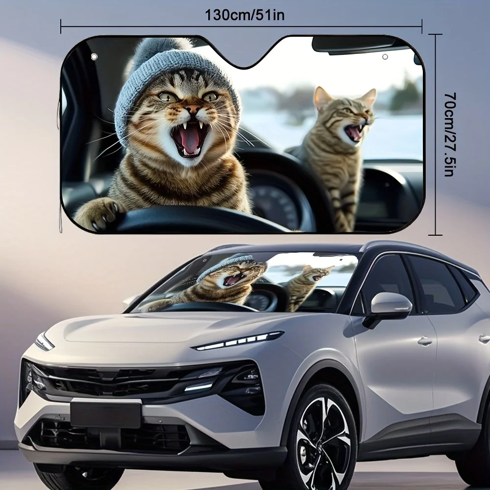 1pc Cat Driving Happily Design Car Sunshade - Foldable & Stylish Front Windshield Cover With 4 Suction Cups, Space-Saving Storag