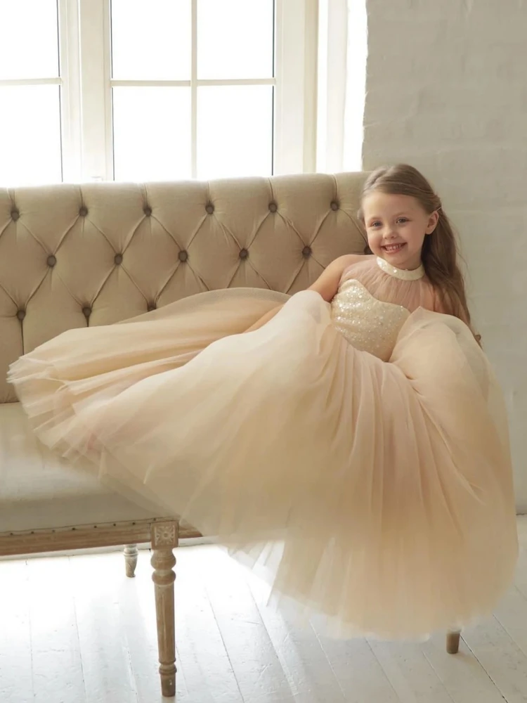 Ivory Flower Girl Dresses Tulle Puffy Sequin Top Backless With Bow Sleeveless For Wedding Birthday First Communion Gowns