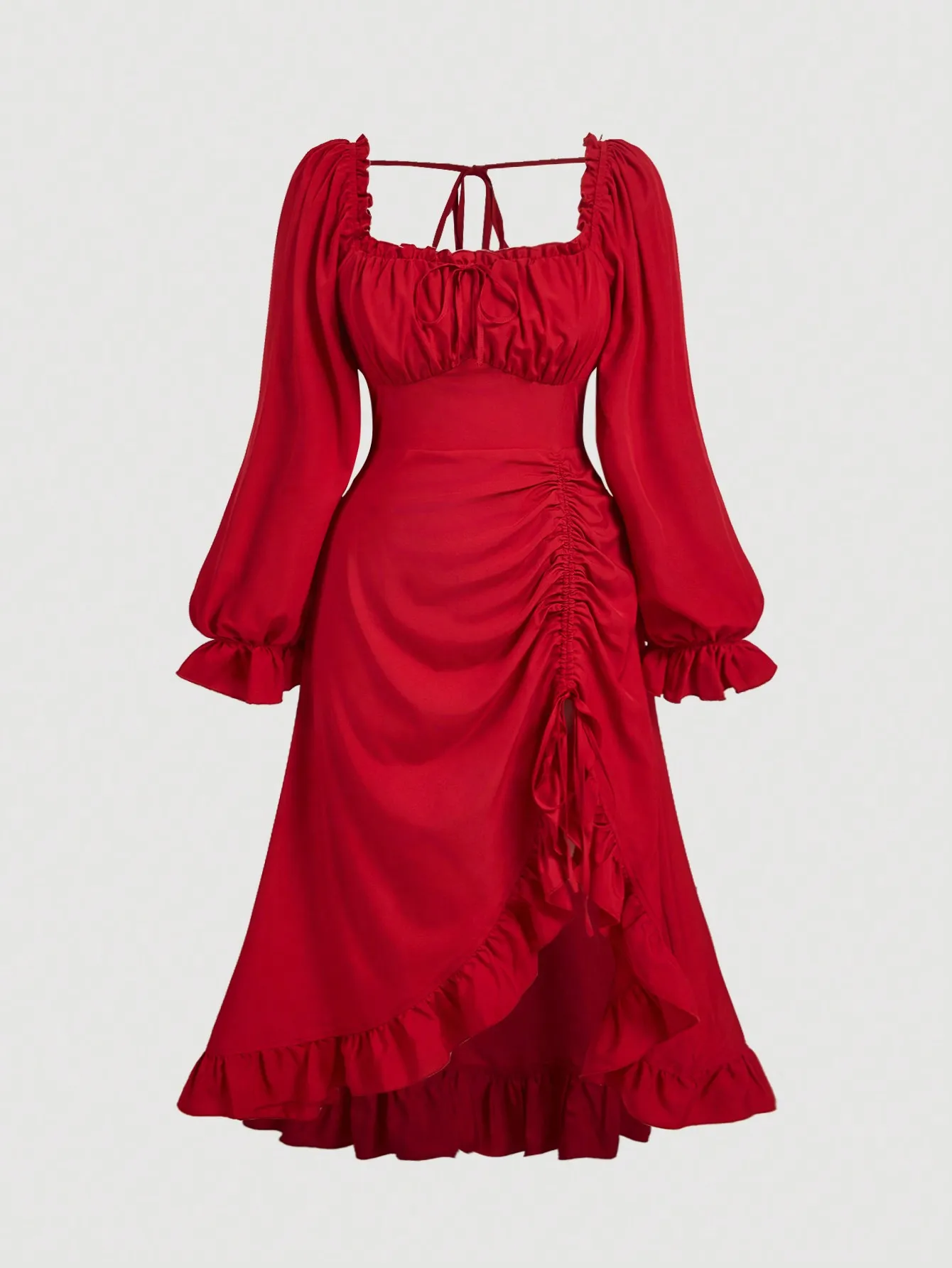 

Red Vintage Square Neck Puff Sleeve Ruched Asymmetrical Hem Dress