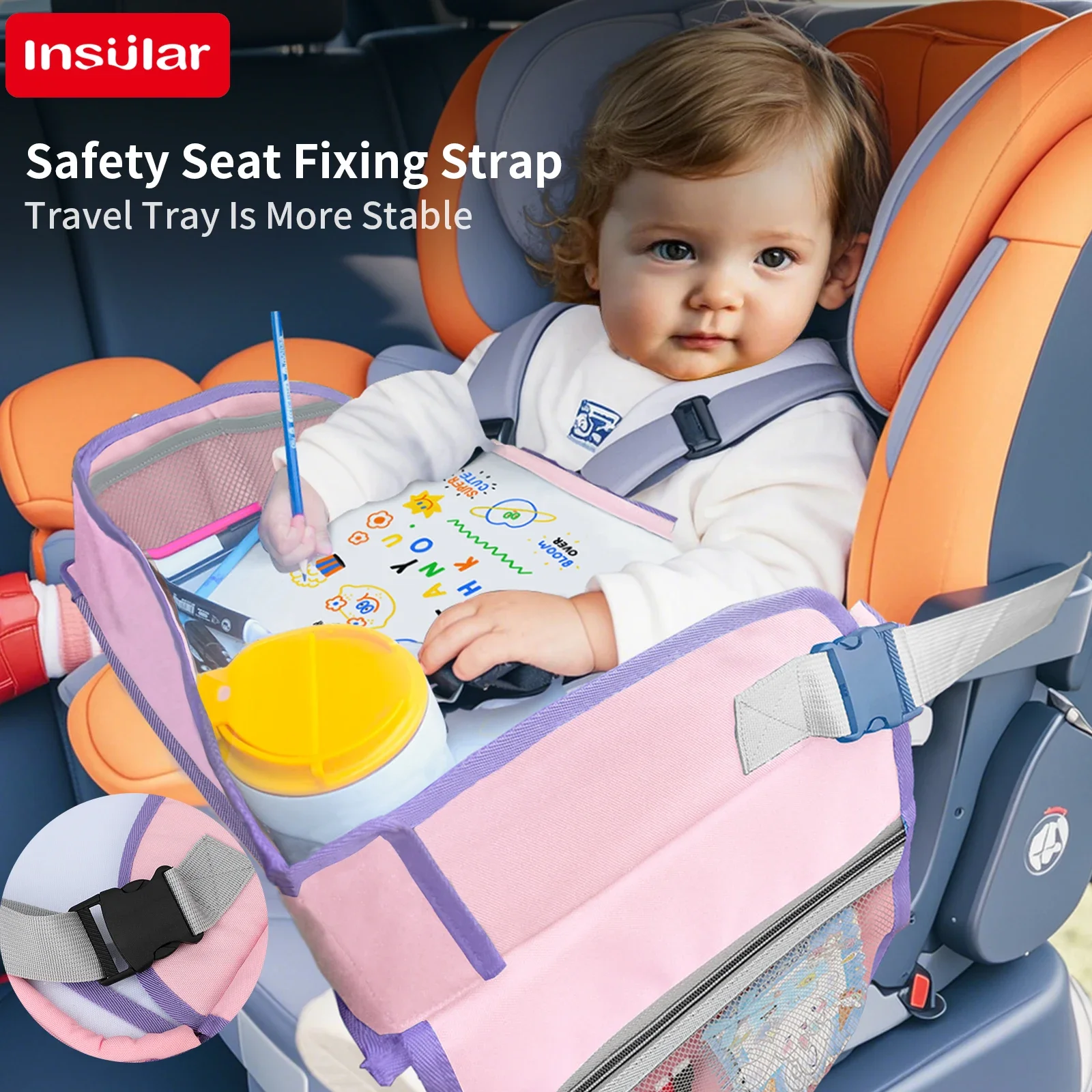 Kids Portable Travel Tray Car Seat with Wipe Clean Whiteboard Toy Storage - Children's On-the-Go Drawing Board for Entertainment