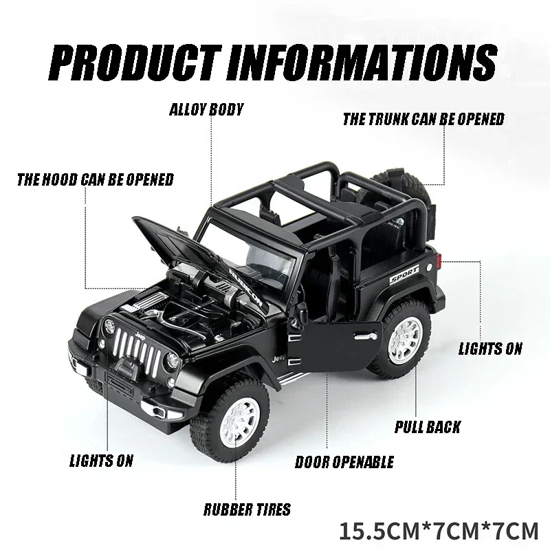 نموذج سيارة جييب رانجلر روبيكون سبيكة ، لعبة معدنية دييكاست ، مركبات الطرق الوعرة ، ضوء الصوت ، لعبة الأطفال ، الزركشة العصرية ، توي