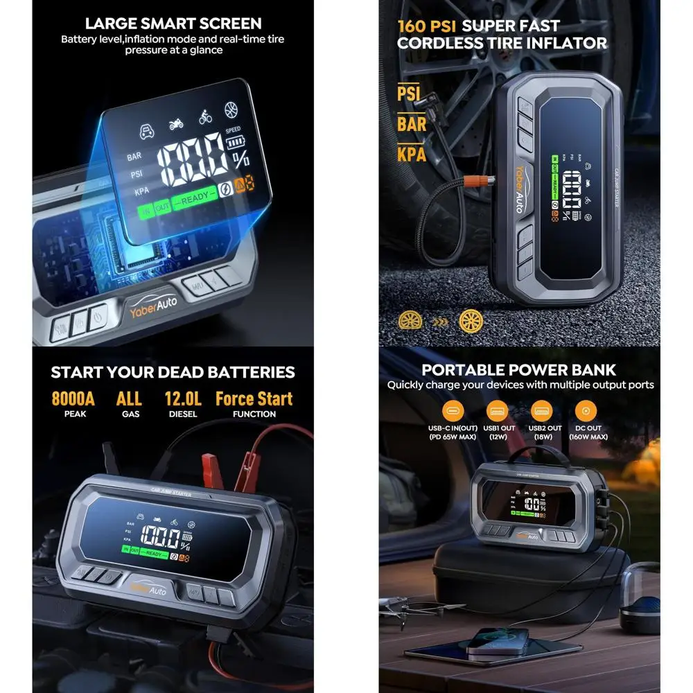 

12-in-1 Jump Starter with Air Compressor 8000A 160PSI 65W Charging, Portable Car Battery Jump Starter (All Gas/12L Diesel) Jump