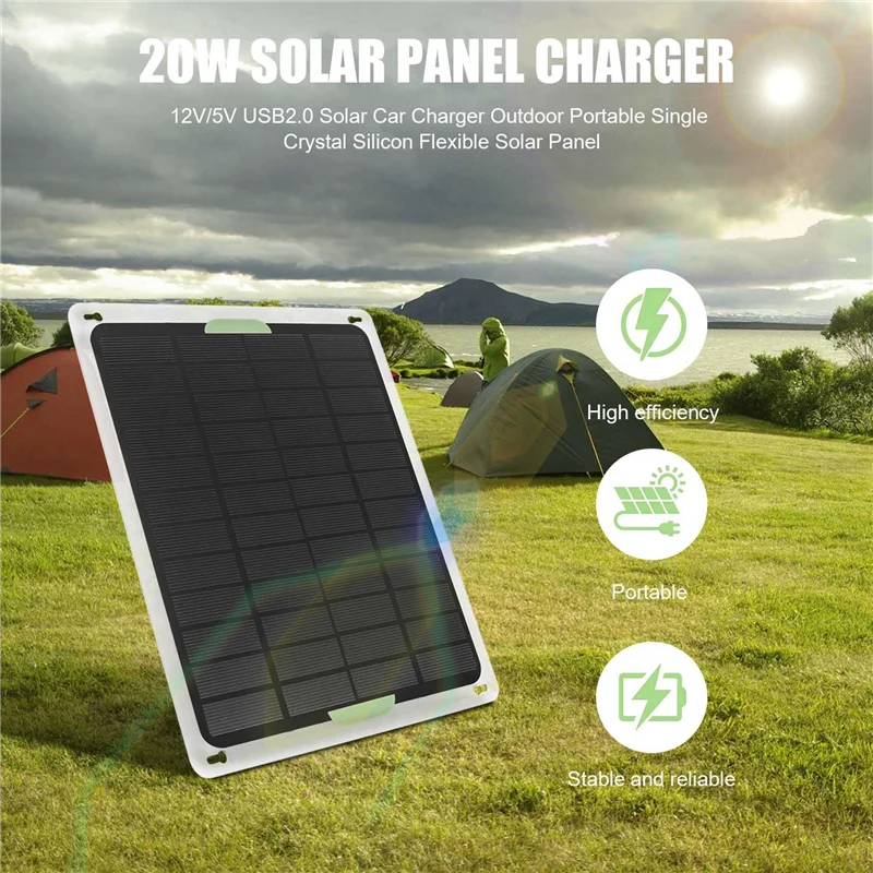 

A63X-2X 20W Solar Panel 12V/5V USB2.0 Solar Car Charger Outdoor Portable Monocrystalline Silicon Flexible Solar Panel