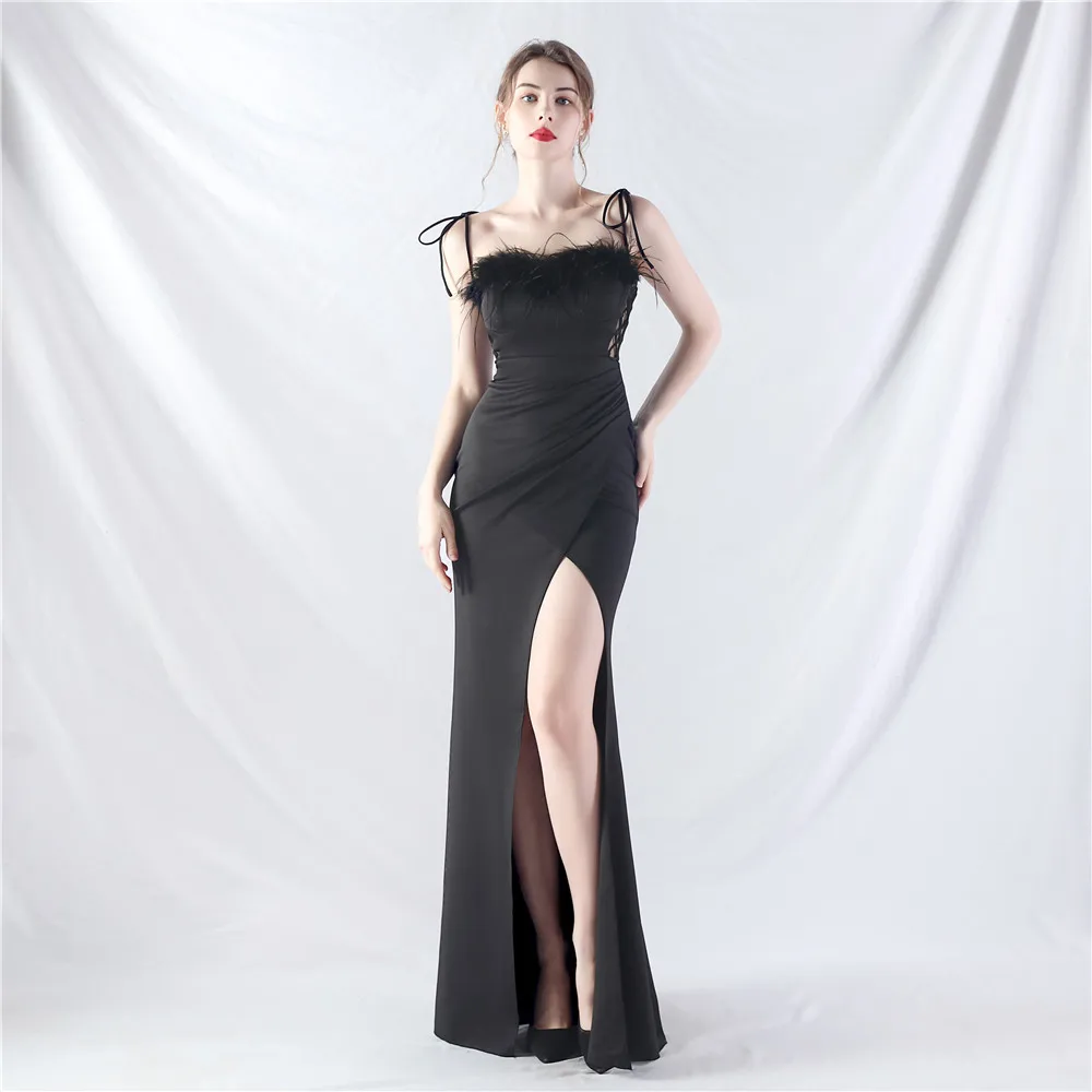 Long Balck Formal Evening Dress 2024 New Strapless High Split Feathers Backless Charming Women Prom Party Gowns Dropshipping