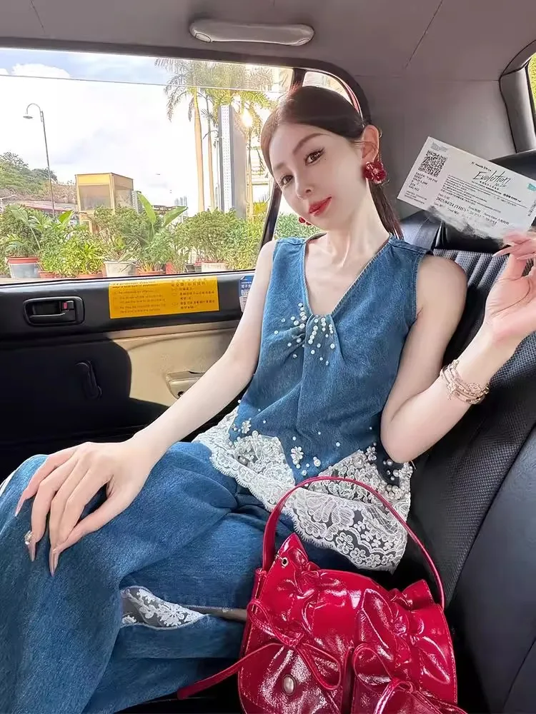 

2025 Summer Faion High-End Sensation Small Fraance Sle Denim Lace Patchwork irt Set Pants Cool And Fierce