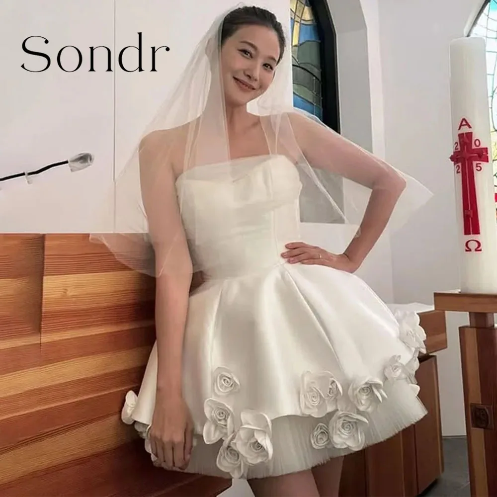 

Sondr Customized Mini Korean Wedding Dresses Bridal Party Ball Gown Strapless Handmade Flowers Wedding Party Photo Shoot Gown
