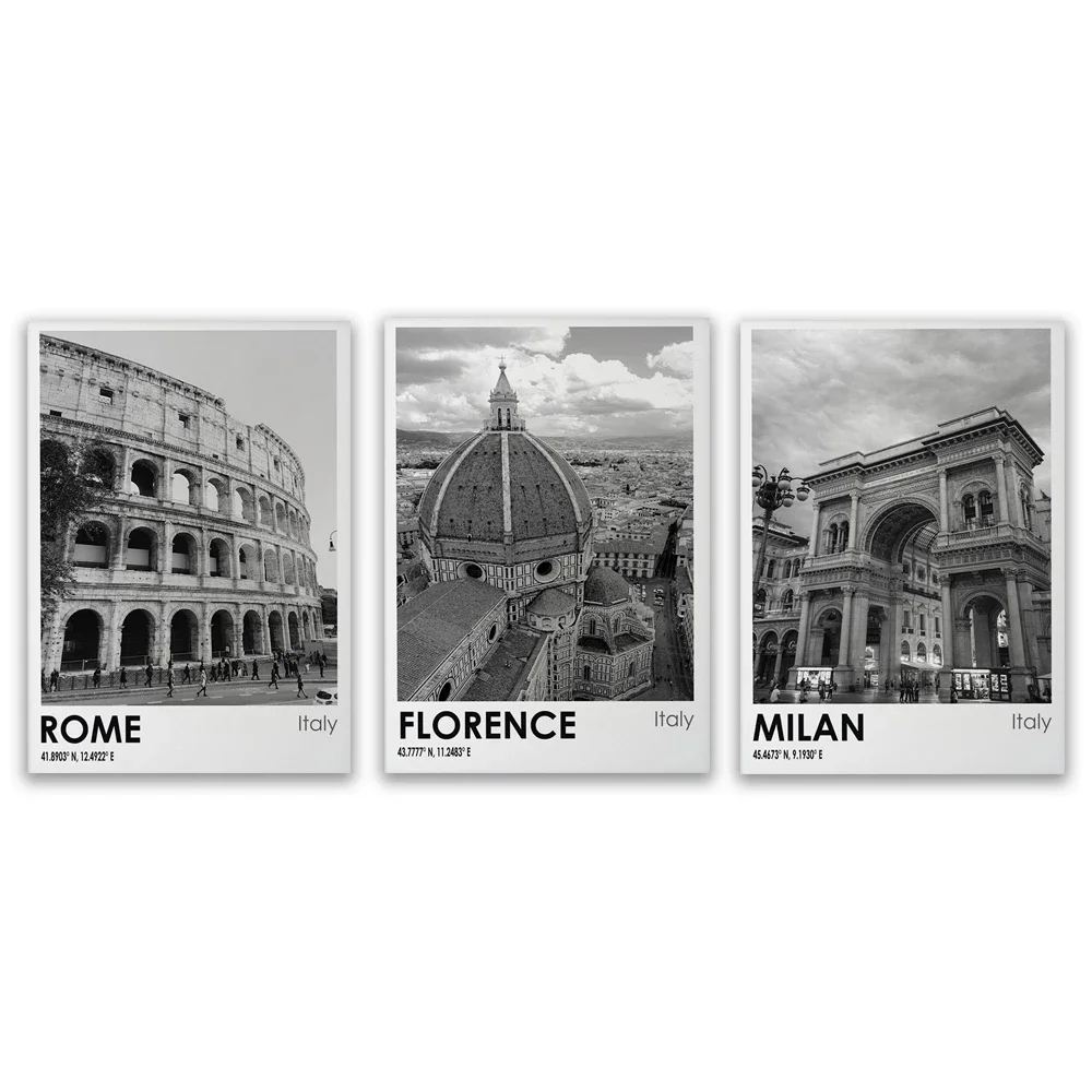 Florence Rome and Milan Italy city travel photo black and white art poster decorative canvas print