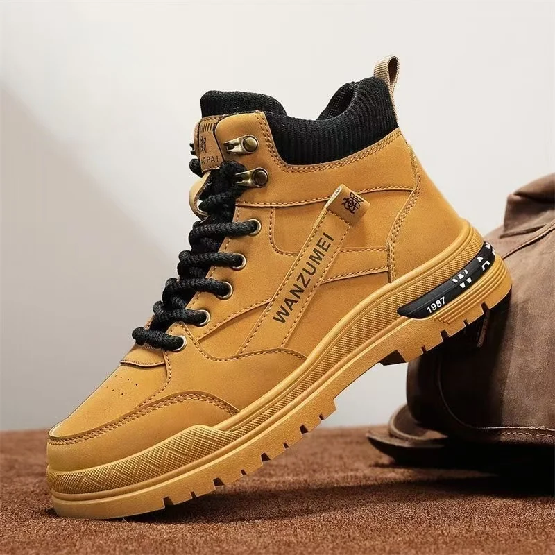 

Мужские осенне-зимние кожаные высокие походные ботинки на толстой подошве, нескользящие водонепроницаемые ботильоны на шнуровке, мотоциклетные ботинки