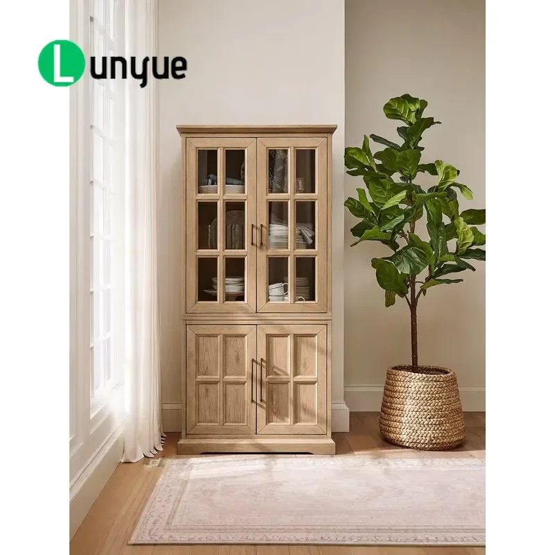 American Country Style Carved Solid Wood Side Cabinet with Metal Handle and Glass Door French Retro Imitation Storage Locker