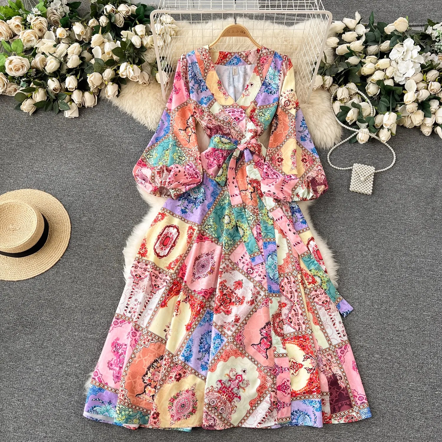 

Fashion Runway Paisley Print Slim Dress Summer Women's V-Neck Lantern Sleeve Colorblock Belt Lace Up Long Maxi Vestidos Robes