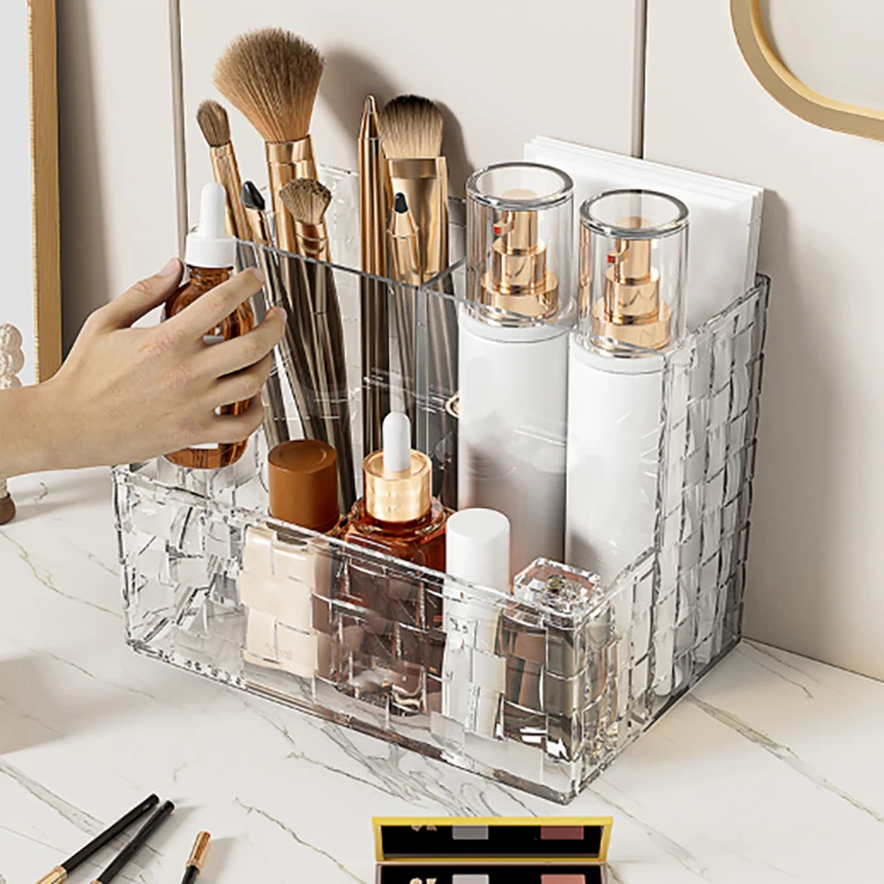 Sophisticated See-through Desktop Organizer Multi-slot Makeup Storage Box Huge Capacity Cosmetic Box Remote Control Caddy