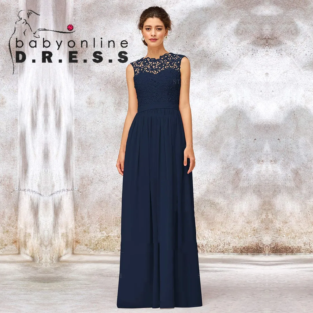 BABYONLINE Navy Blue Mother of Bride Women Delicate Lace Overlays the Upper Body Applique Zipper Modify the Back Chiffon Gown