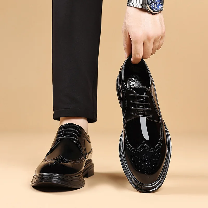 Men's Patent Leather Brogue Dress Shoes Lace Up Formal Oxfords Thick Sole Non Slip Comfort Business Shoes Work Wedding & Formal view 5