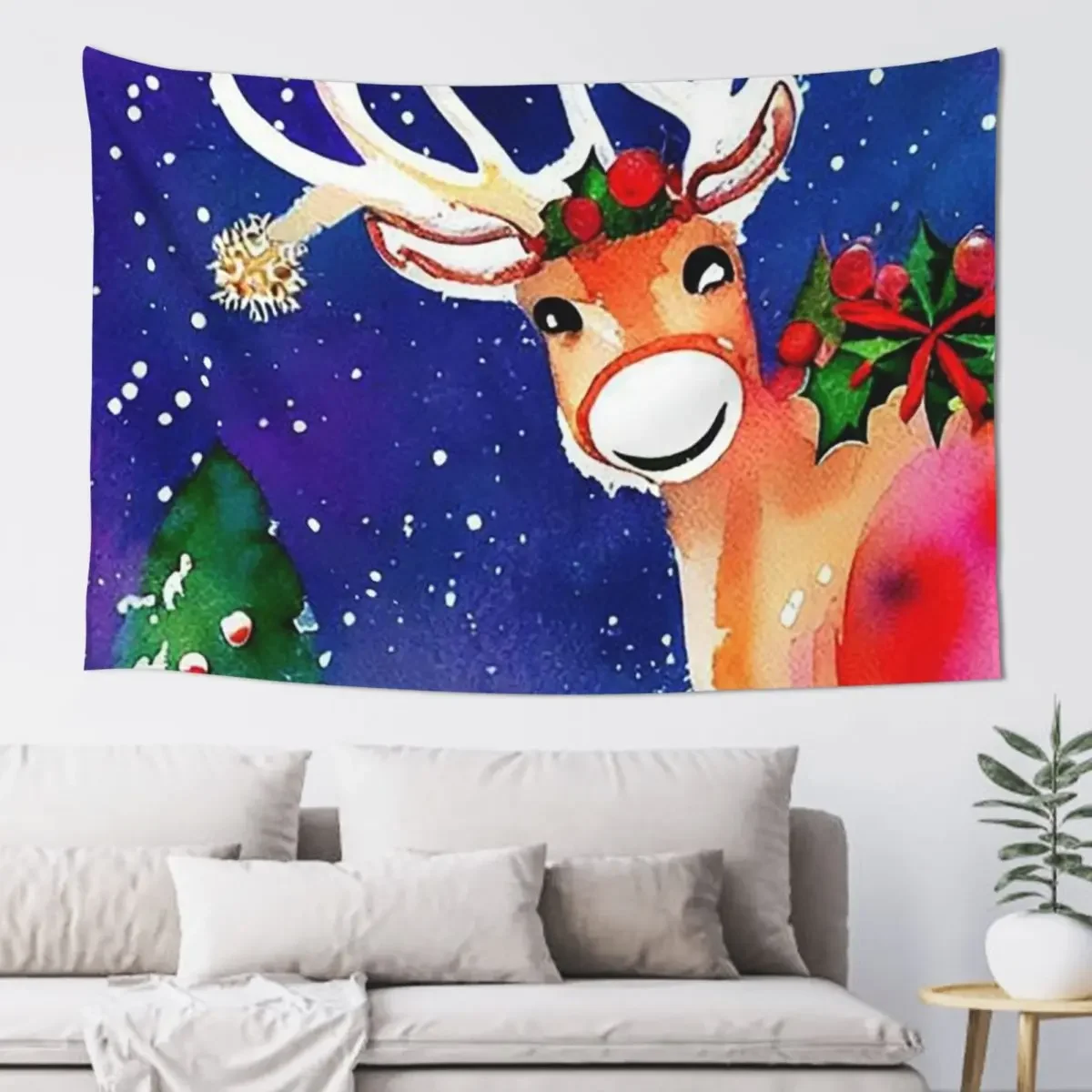 Happy Festive Reindeer in Watercolor Tapestry Room Decorating Aesthetic Bedroom Decorations Tapestry