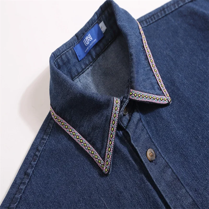 Cartoon Embroidery Cargo Shirts Mens Summer Retro Casual Streetwear Lapel Single Breasted Short Sleeve Denim Shirt Men Clothing