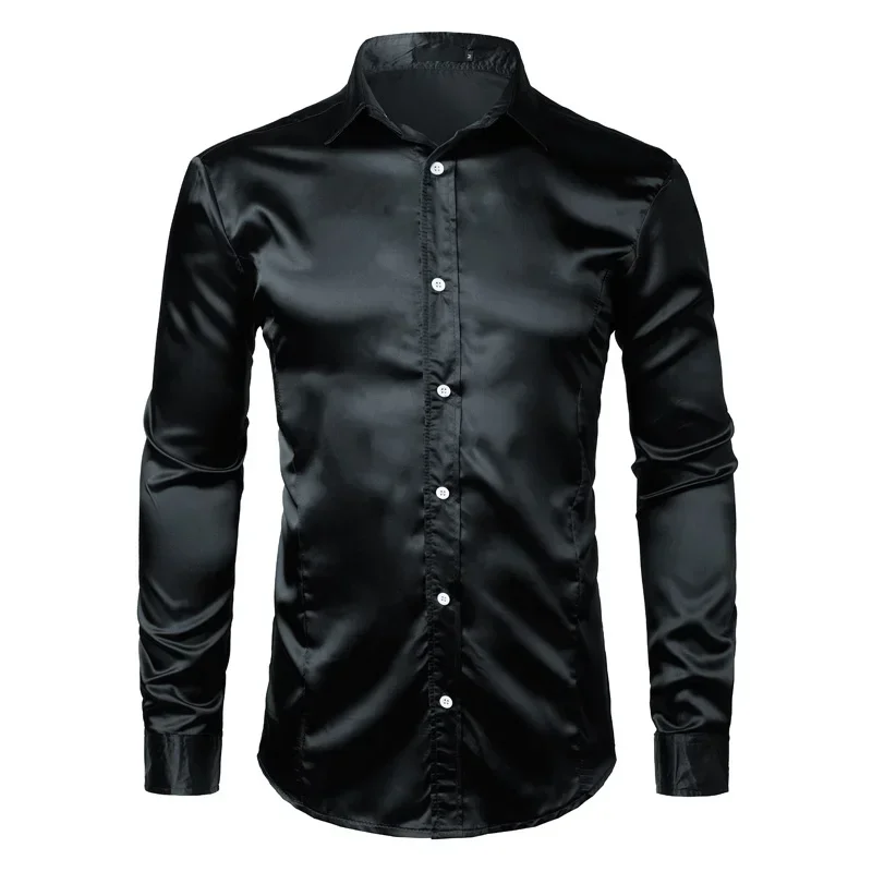 

Mens Shinny Silk Like Satin Luxury Dress Shirts 2023 Brand New Men Wedding Prom Tuxedo Male Casual Shirt Camisa Masculina Black