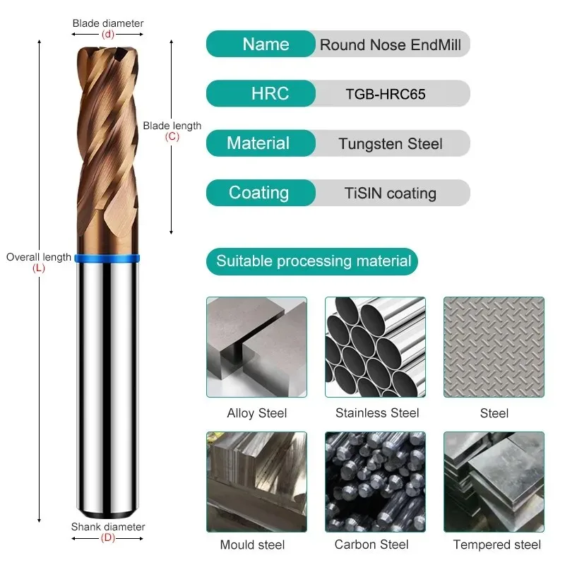 YIFINO TGB-HRC65 4F Color Circle End Mill Tungsten Steel Carbide Alloy Coating Round Nose Milling Cutter CNC Endmills Tools