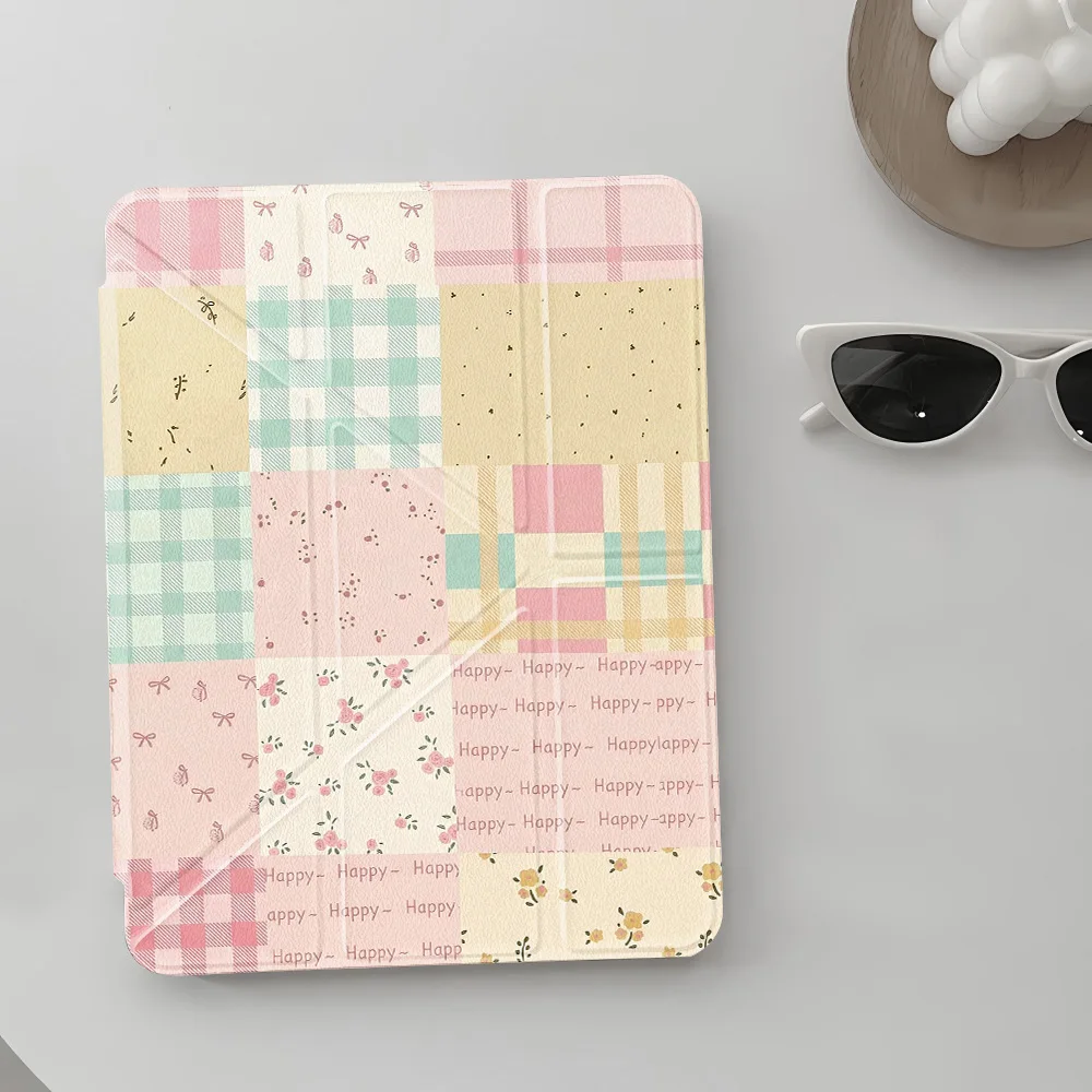 Aesthetic Cottagecore Plaid Y‑shape Tri‑Fold Tablet Protective Cover for Apple iPad Pro 13 11 Air 4 5 11 Mini 6 7 8.3 Inch Case