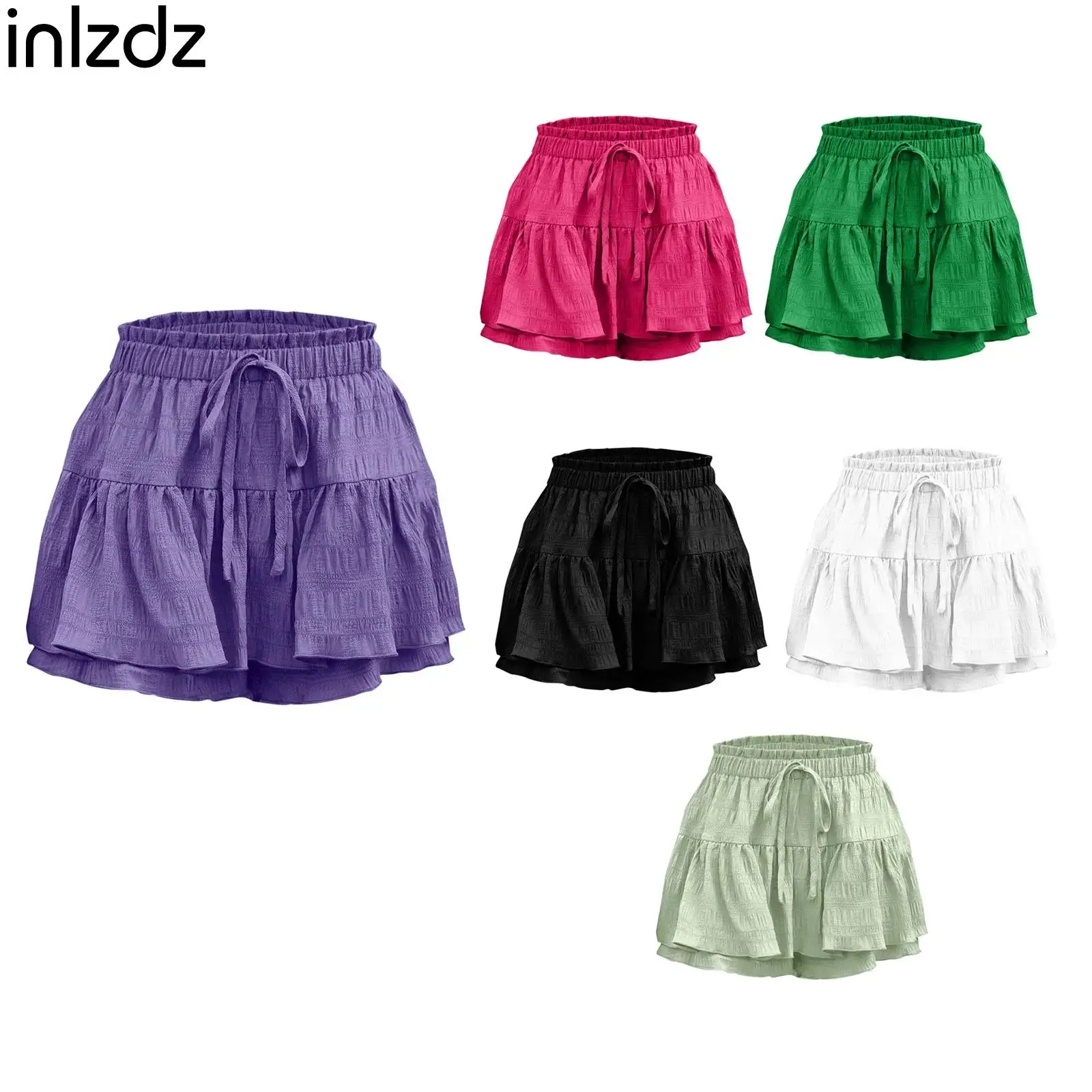 

New Womens Ruffled Culottes Elastic Waist Tiered Hem Skorts Solid Color Shorts Versatile Short Trousers for Daily Casual Holiday
