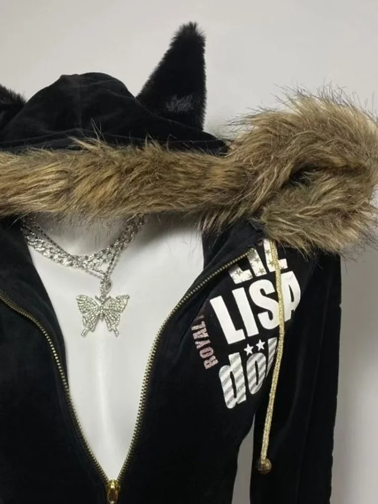 Women Aesthetics Y2K Harajuku Streetwear Faux Fur Trim Cat‑Ear Zip‑Up Letter Print Slim Fit Long Sleeve Hooded Sweatshirt view 4