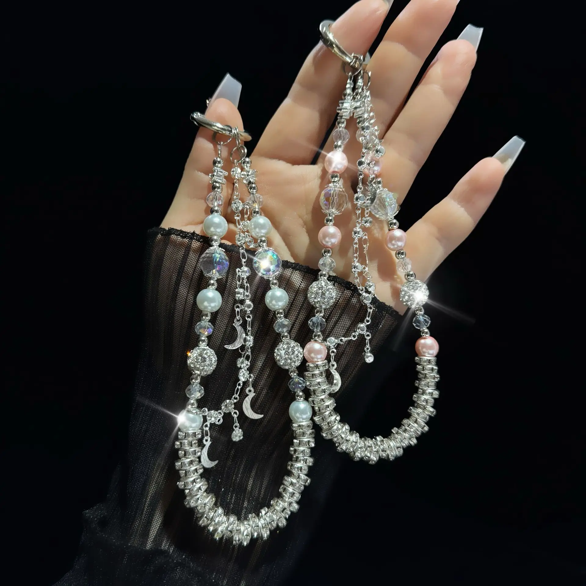 

Delicate Pearl Square Diamond Gemstone Mobile Phone Chain Accessory Heavy Shining Nepal Diamond Moon Pendant Lanyard