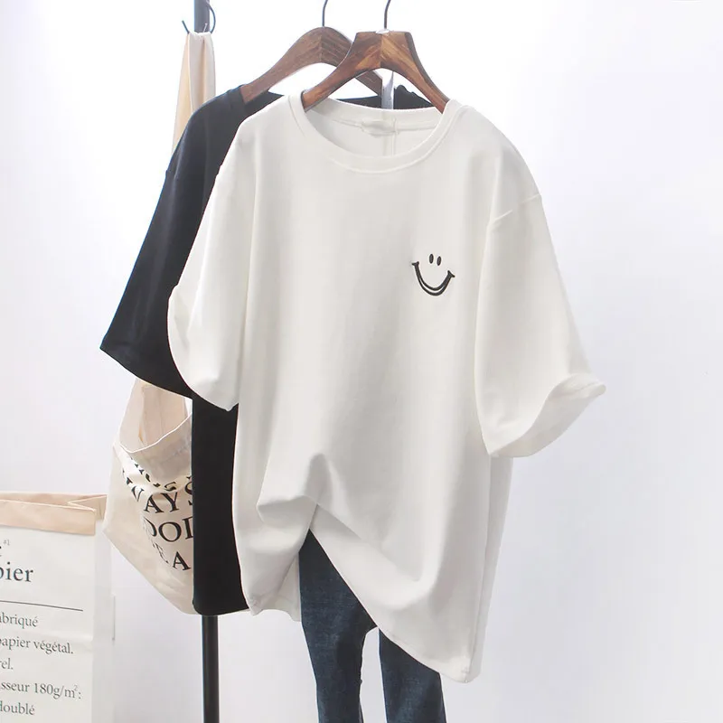 1 Stück Mädchen Sommer Lächeln-Print T-Shirts Damen Klassische Basic Mode Tees Studenten Kurzarm Lose Oberteile Damen Rundhals T-Shirt