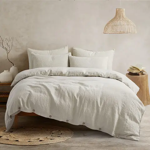 100% Linen Duvet Cover Natural French Washed Flax Solid Color Soft Breathable Farmhouse Bedding with Button Closure Bedding Set