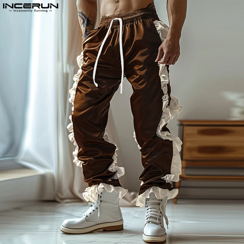 2024 INCERUN Men Causal Ruffles Long Pants American Fashion Edge Of Waving Ninth Trousers Handsome Men Loose Commuting Bottoms