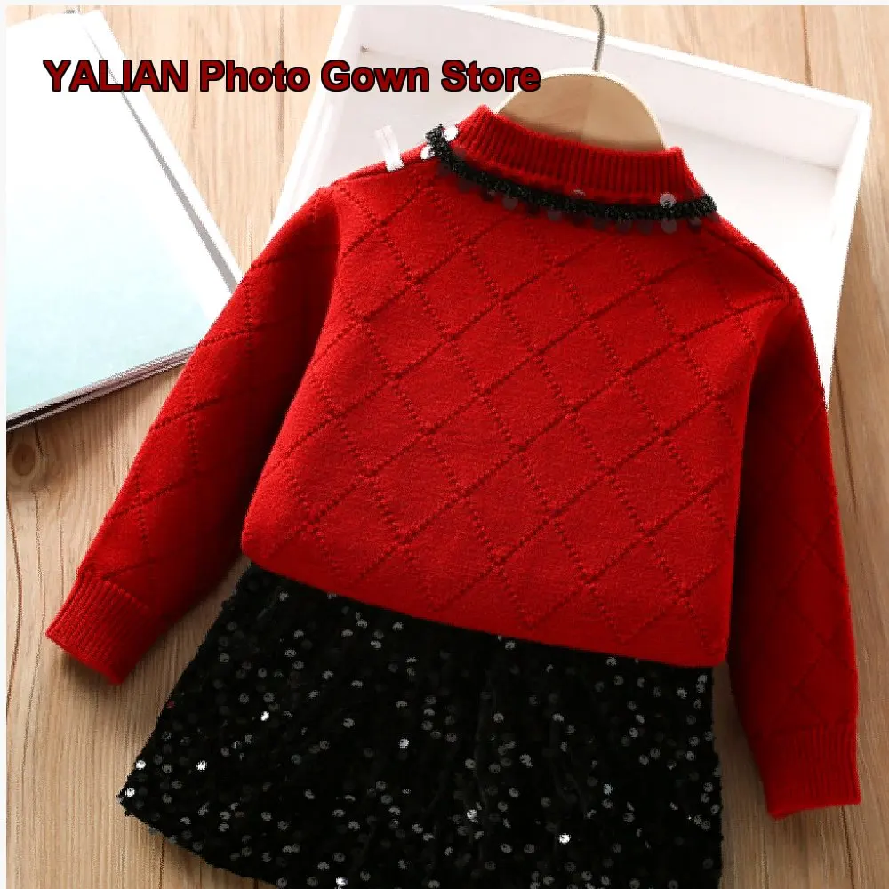 Girls Two-Piece Set Baby Kids Spring Autumn Knit Top Pleated Skirt Fashionable