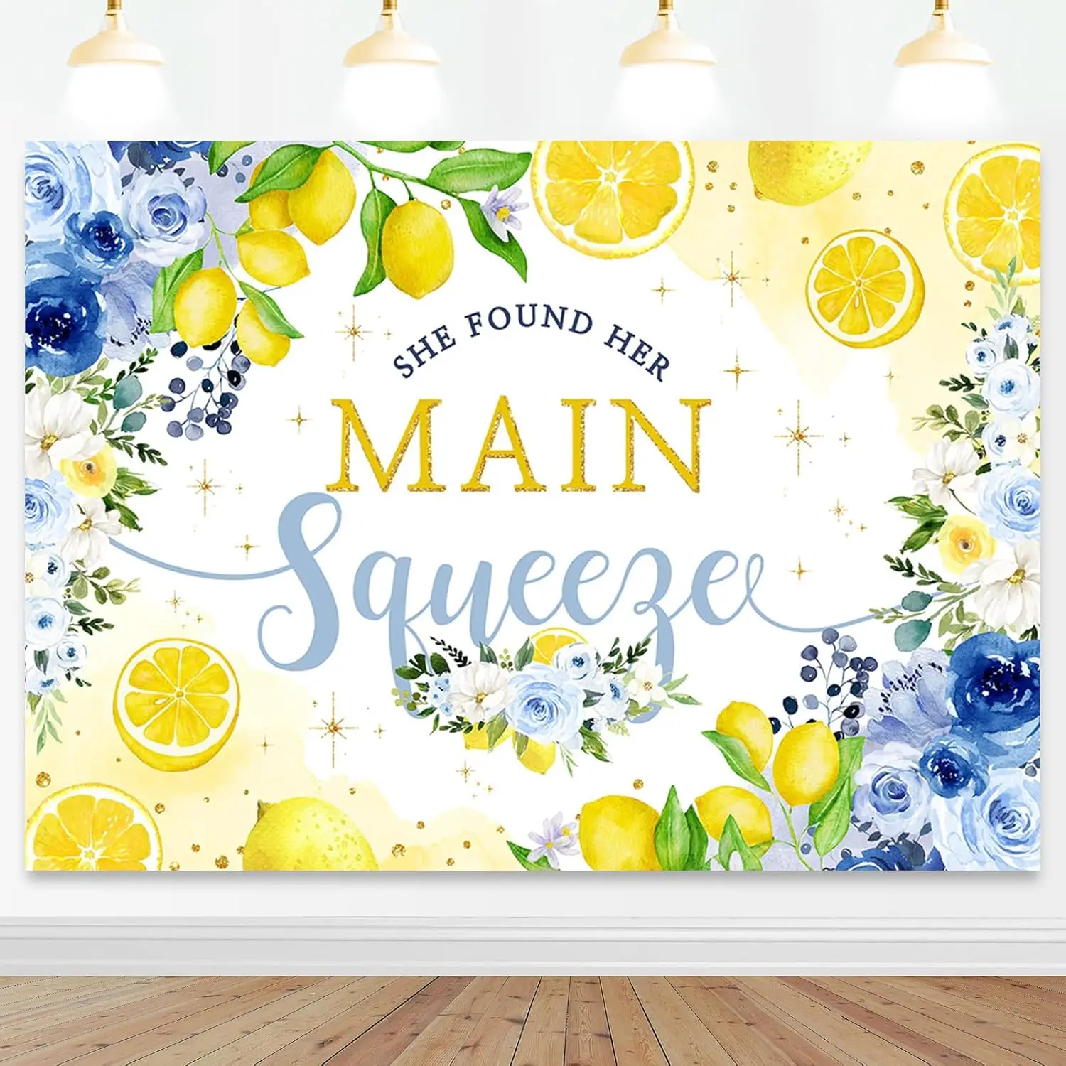 

She Found Her Main Squeeze Backdrop Blue Floral Lemon Bridal Shower Decorations Engagement Party Background Cake Table Banner