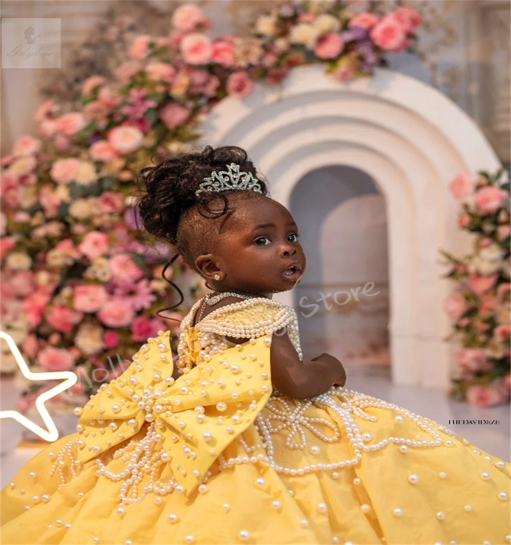 Luxury Princess-style Flower Girl Dress with Pearl-decorated Bow Perfect for Weddings Birthdays and Fancy Evening Events