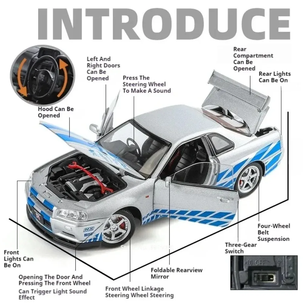 1:24 Schaal GTR R35 R34 Speelgoedautomodel Legering Diecast Pull Back 3 Deuren Opend Voertuigen Modellen Geluid Licht Collectie Kinderen Speelgoed