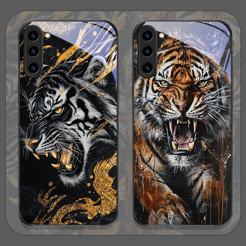 Capa de Telefone de Vidro Temperado com Padrão de Tigre Dourado Luxuoso para Samsung Galaxy S25 Ultra S24 S23 Plus S22 S21 S20 FE M55 M34