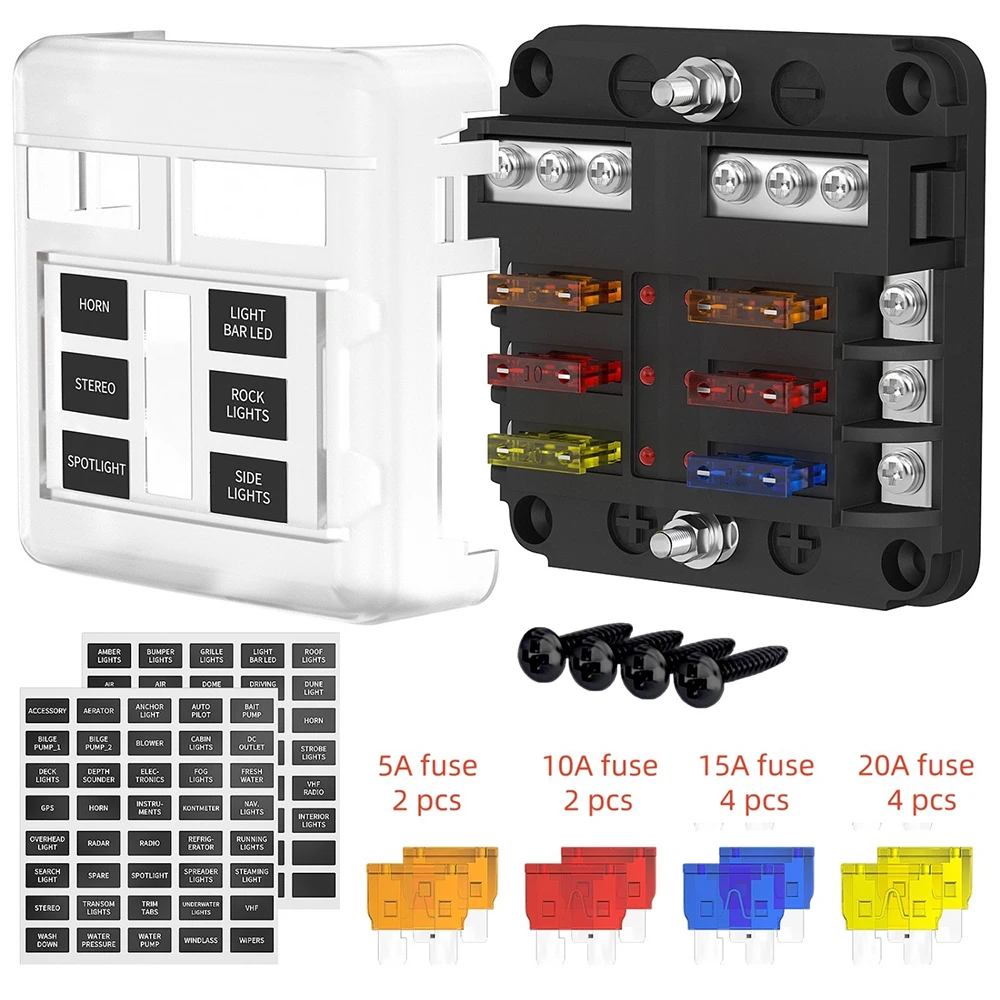 Fuse Block 6 Way with LED Indicator Light Car Motorcycle 6 Way 30A Blade Fuse Box MAX 100A 12V Power Distribution Panel for Boat