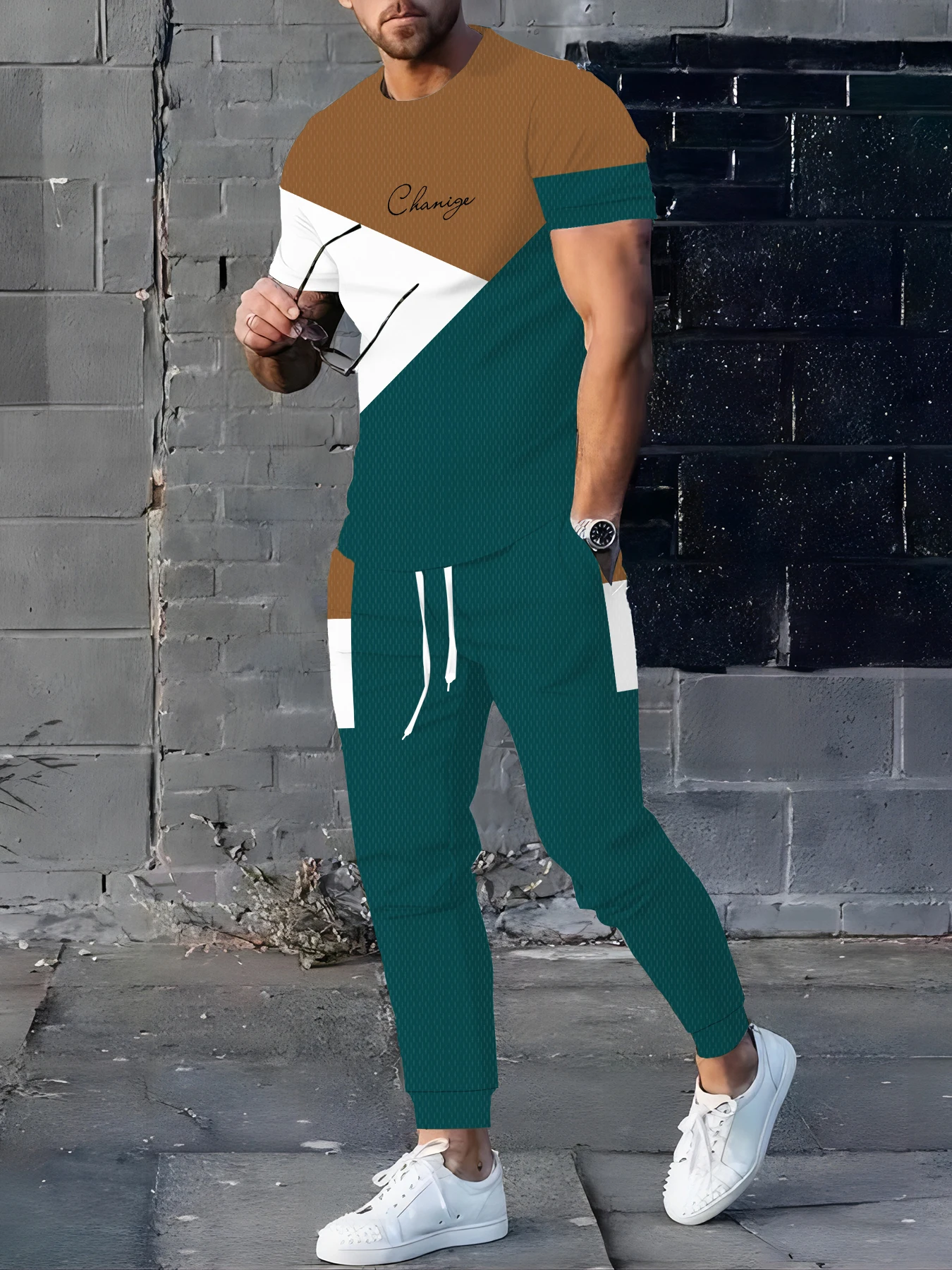 

Summer fashion printed smiling face pattern men's quick drying top street breathable trendy T-shirt set