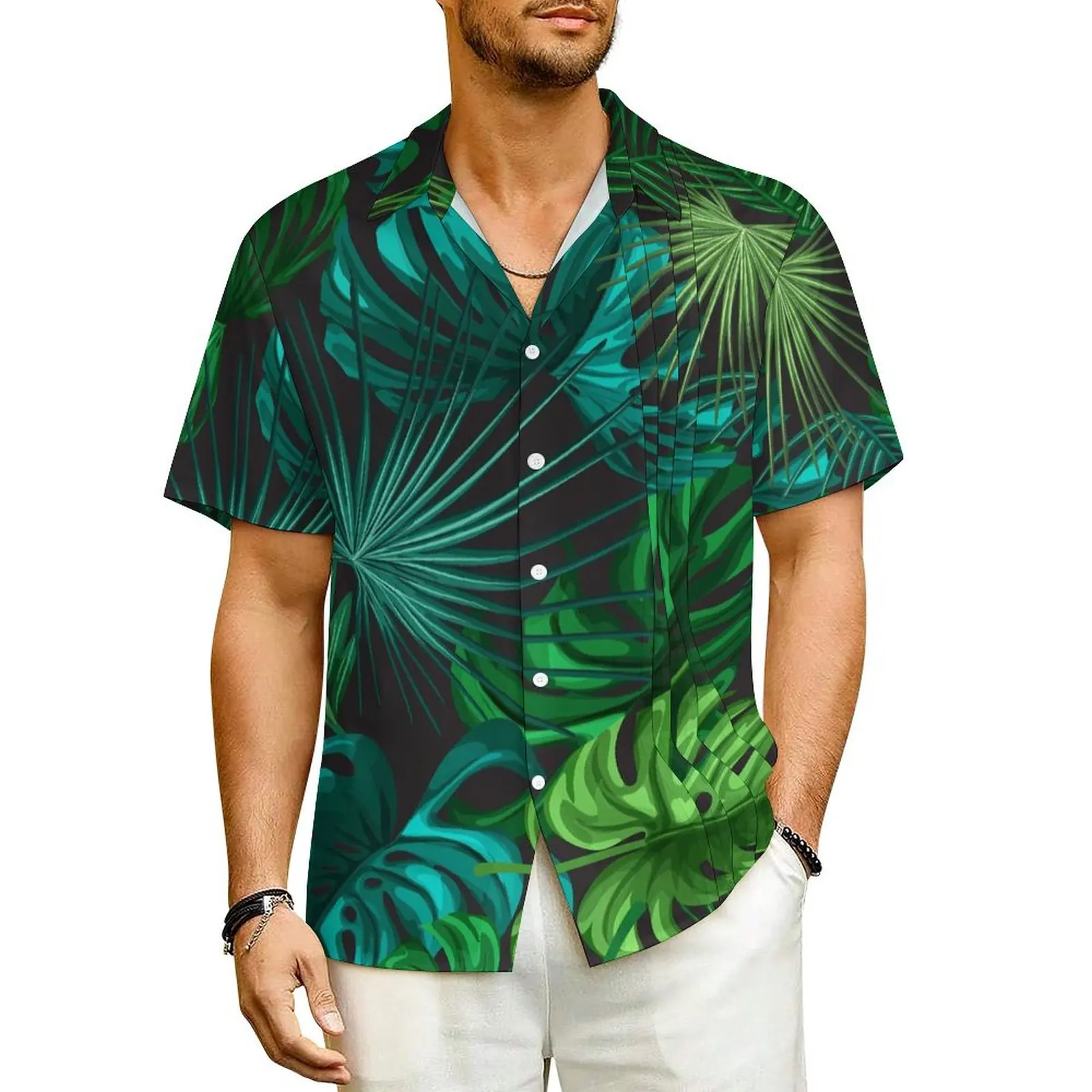 

Hawaiian Shirt Beach Green Plam Leaf Blouses Tropical Print Elegant Casual Shirts Men Short Sleeve Comfortable Plus Size Clothes