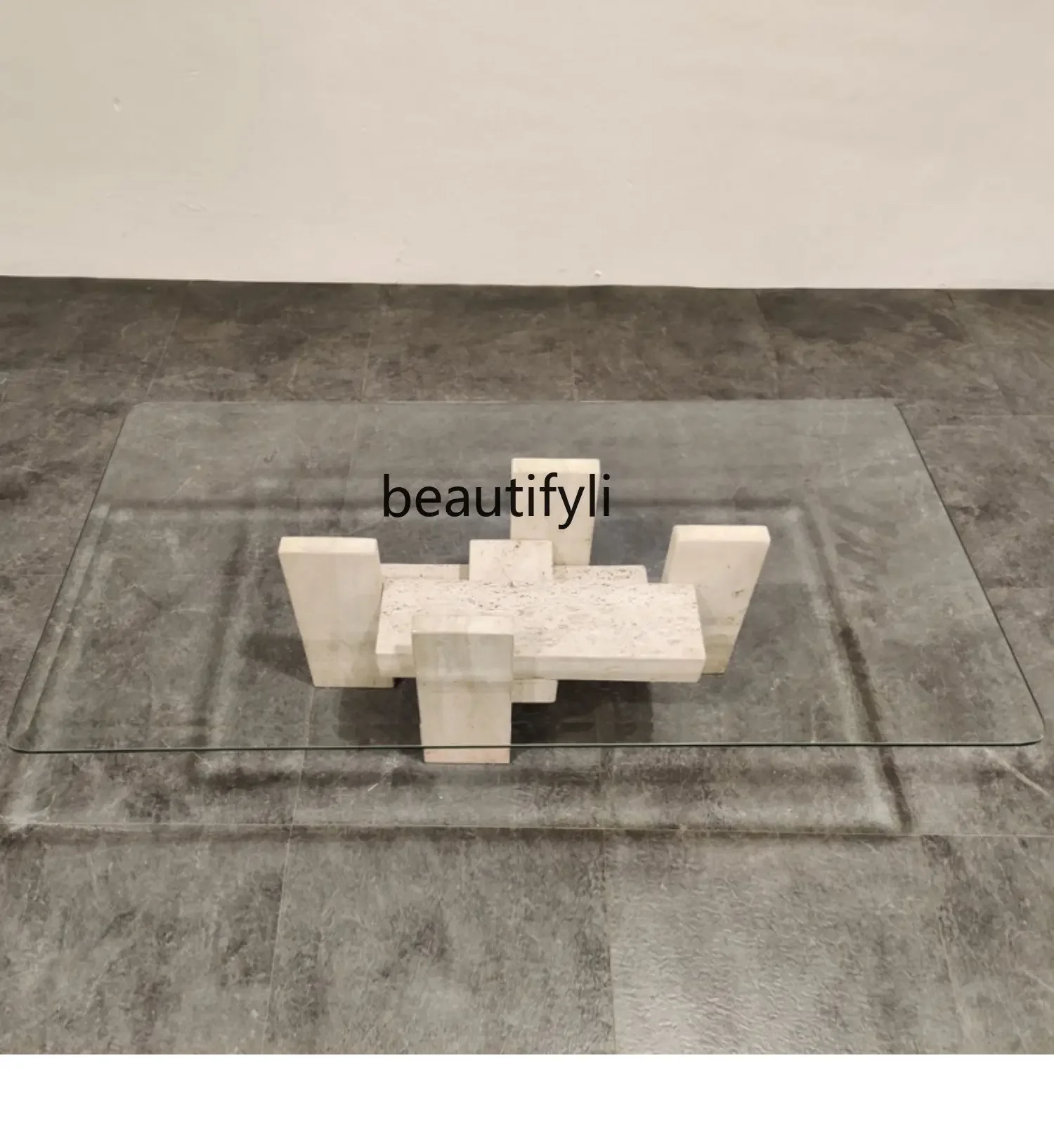 Modern simple marble coffee table designer tempered glass countertop rectangular natural travertine image 2