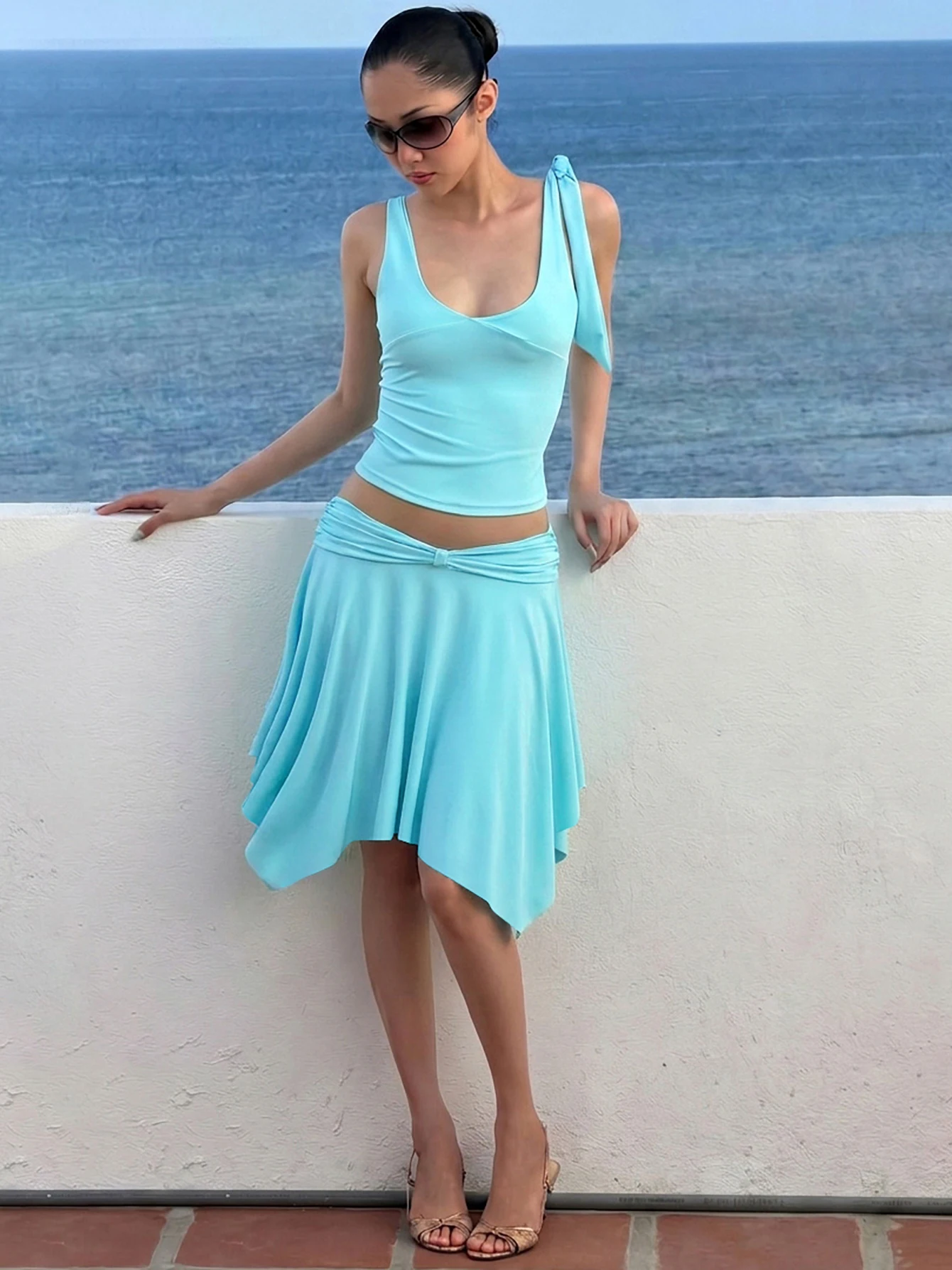 Hugcitar Fashion Straps V Neck Bandage Backless Solid Sexy Crop Tank Top Draped Midi Skirt Irregular Women Outfit Beach Vacation